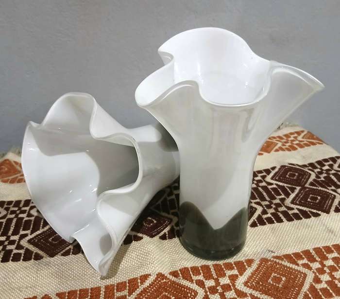 Pair of Vintage Murano Ruffled Vases | White Opaline & Smoky Glass, Mid-Century to 1980s