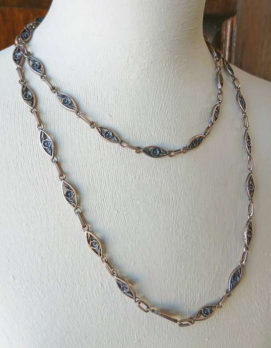 Victorian Revival Copper-Tone Filigree Link Chain Necklace | Forget-Me-Not Motif