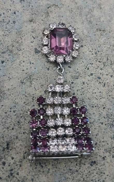 Vintage 1950s Silvertone Rhinestone Brooch | Amethyst & Clear Stone Design