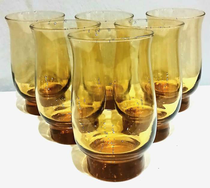 Vintage Amber Glass Tumblers | Set of 6 | Mid-Century Style with Bubbles | c1970