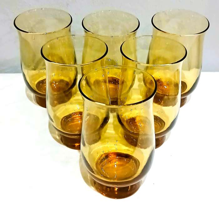 Vintage Amber Glass Tumblers | Set of 6 | Mid-Century Style with Bubbles | c1970