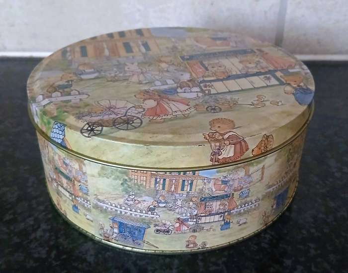 Vintage Anthropomorphic Animal Market Scene Storage Tins | Collectible Biscuit Tins (Pair)