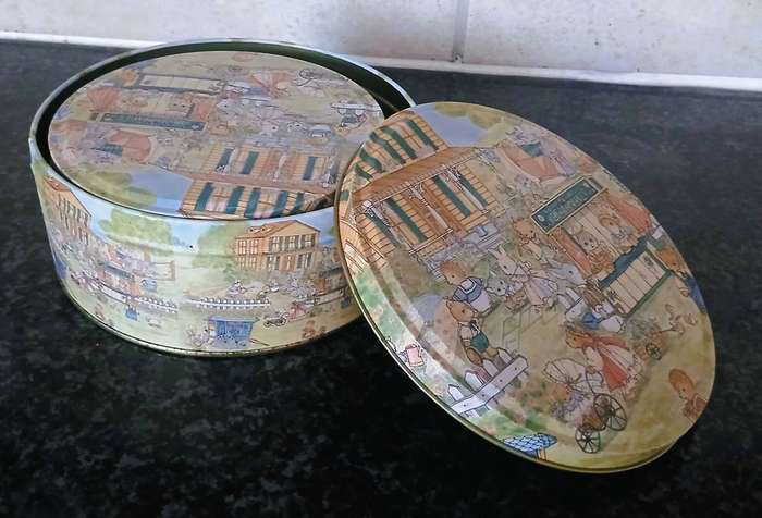 Vintage Anthropomorphic Animal Market Scene Storage Tins | Collectible Biscuit Tins (Pair)