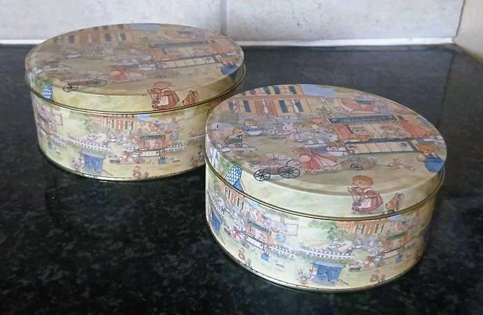 Vintage Anthropomorphic Animal Market Scene Storage Tins | Collectible Biscuit Tins (Pair)