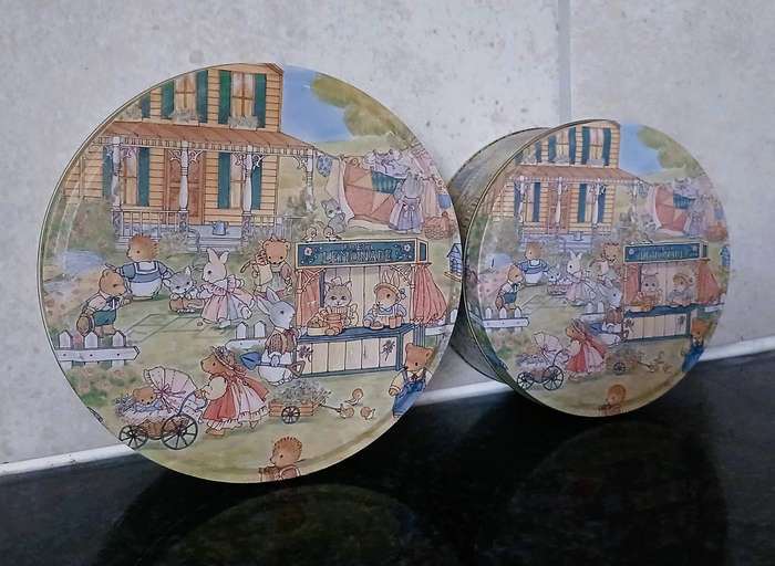 Vintage Anthropomorphic Animal Market Scene Storage Tins | Collectible Biscuit Tins (Pair)