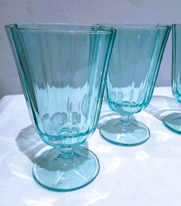 Vintage Aqua Pressed Glass Goblets | Set of Four Retro Paneled Glasses