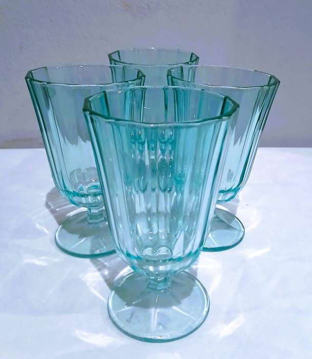 Vintage Aqua Pressed Glass Goblets | Set of Four Retro Paneled Glasses