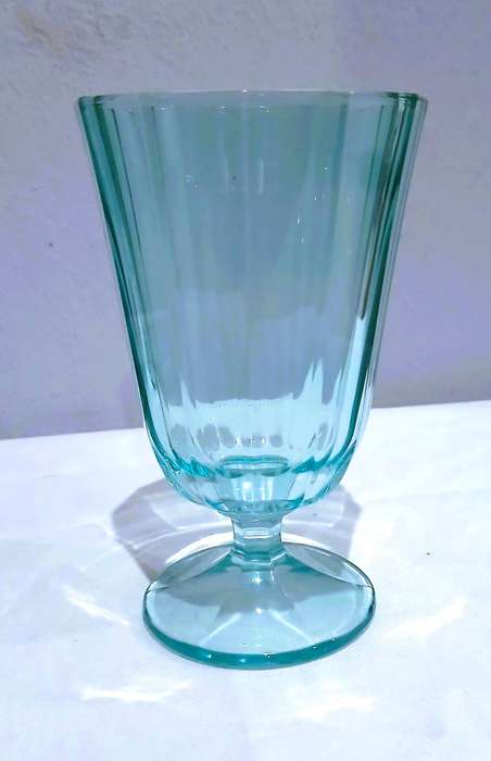 Vintage Aqua Pressed Glass Goblets | Set of Four Retro Paneled Glasses