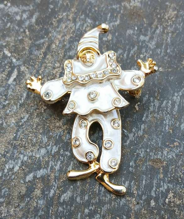 Vintage Articulated Gold Tone and Enamel Harlequin Brooch/Pendant | Rhinestone Accents
