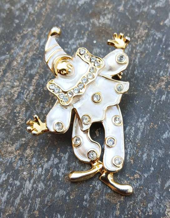 Vintage Articulated Gold Tone and Enamel Harlequin Brooch/Pendant | Rhinestone Accents