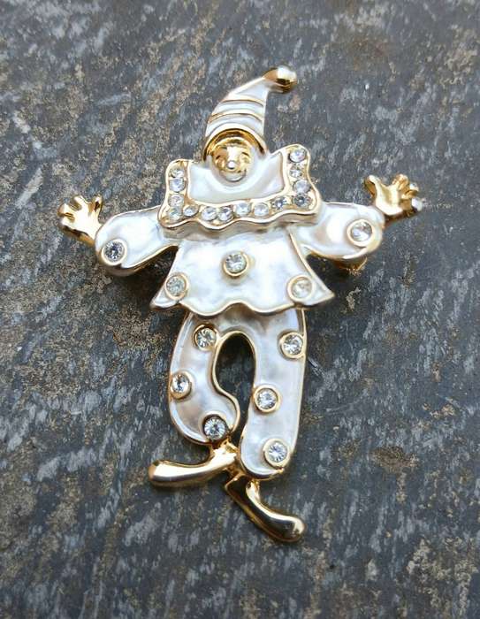 Vintage Articulated Gold Tone and Enamel Harlequin Brooch/Pendant | Rhinestone Accents