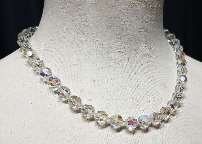 Vintage Aurora Borealis Crystal Necklace | Ice Blue Iridescent Beads with Sterling Clasp