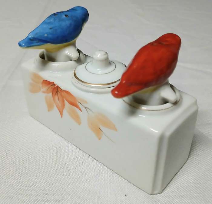 Vintage Bird Nodder Cruet Set | Hand Painted PAT TK & King's Way Mark | Red & Blue Porcelain Shakers