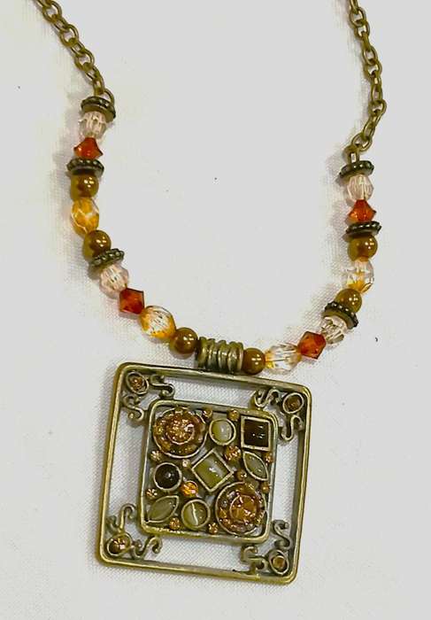 Vintage Brass-Tone Boho Necklace | Square Pendant with Faceted & Cabochon Glass