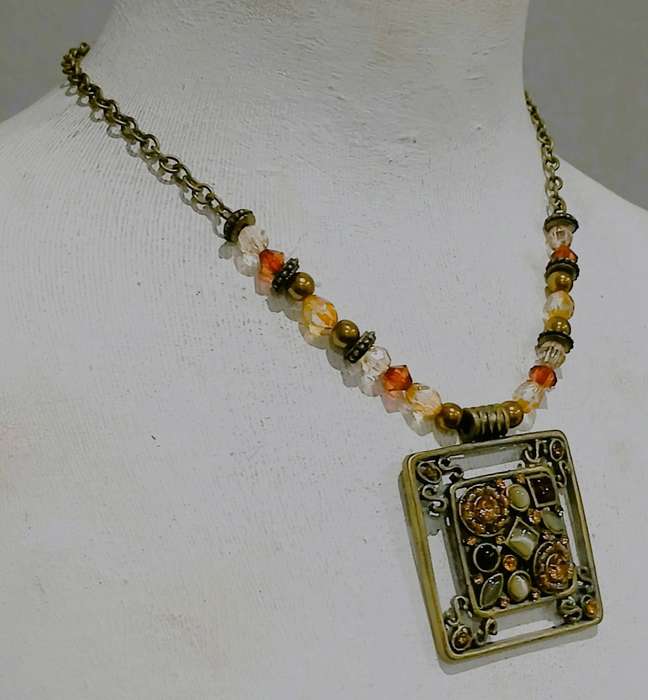 Vintage Brass-Tone Boho Necklace | Square Pendant with Faceted & Cabochon Glass