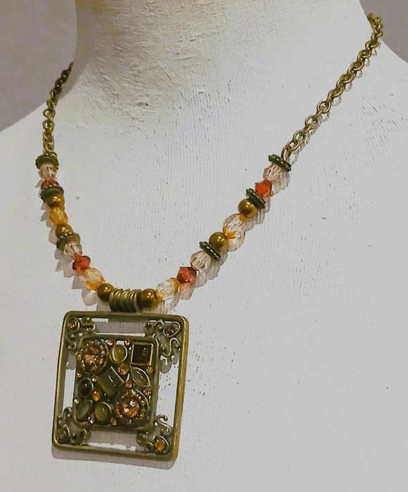 Vintage Brass-Tone Boho Necklace | Square Pendant with Faceted & Cabochon Glass