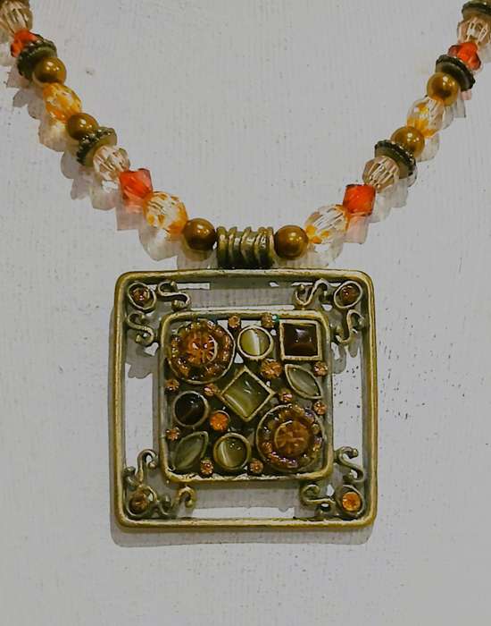 Vintage Brass-Tone Boho Necklace | Square Pendant with Faceted & Cabochon Glass
