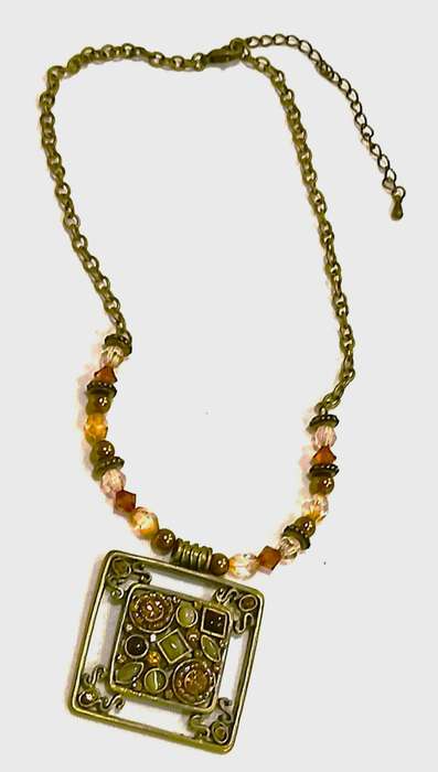 Vintage Brass-Tone Boho Necklace | Square Pendant with Faceted & Cabochon Glass