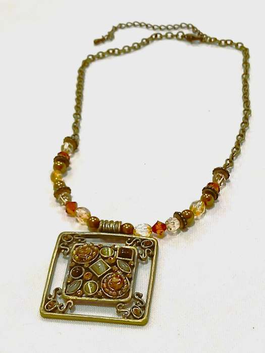 Vintage Brass-Tone Boho Necklace | Square Pendant with Faceted & Cabochon Glass