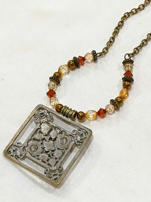 Vintage Brass-Tone Boho Necklace | Square Pendant with Faceted & Cabochon Glass