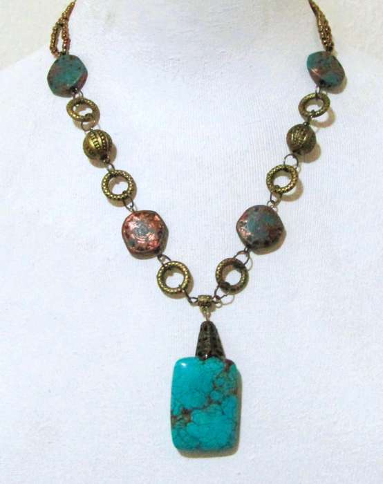 Vintage Brass-Tone Pendant Necklace | Hand-Made with Turquoise Beads & Simulated Stone