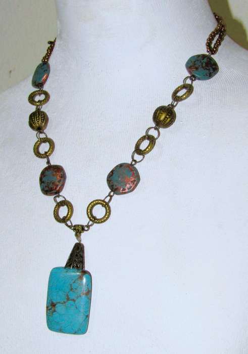 Vintage Brass-Tone Pendant Necklace | Hand-Made with Turquoise Beads & Simulated Stone