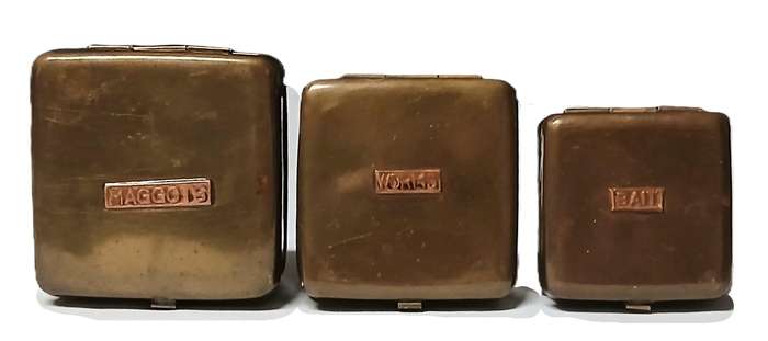 Vintage Brass Bait Tin Set with Copper Labels | Maggots, Worms & General Bait Boxes