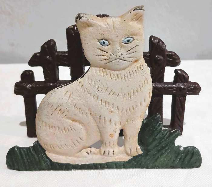 Vintage Cast Iron Napkin Holder | Hand-Painted Cat & Fence Design