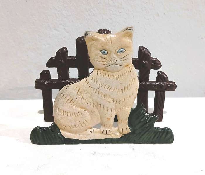 Vintage Cast Iron Napkin Holder | Hand-Painted Cat & Fence Design