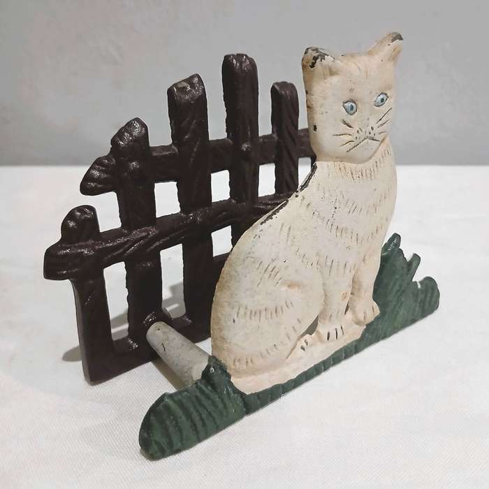 Vintage Cast Iron Napkin Holder | Hand-Painted Cat & Fence Design