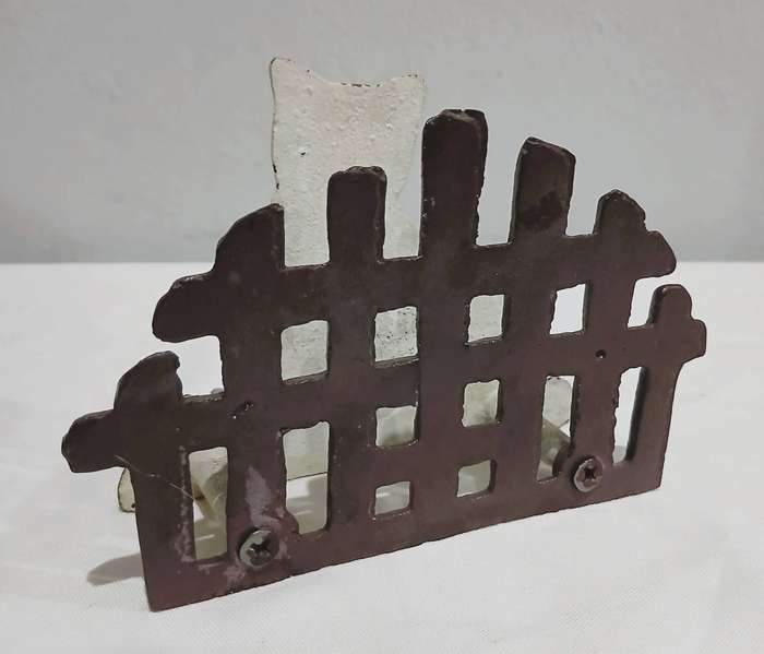 Vintage Cast Iron Napkin Holder | Hand-Painted Cat & Fence Design