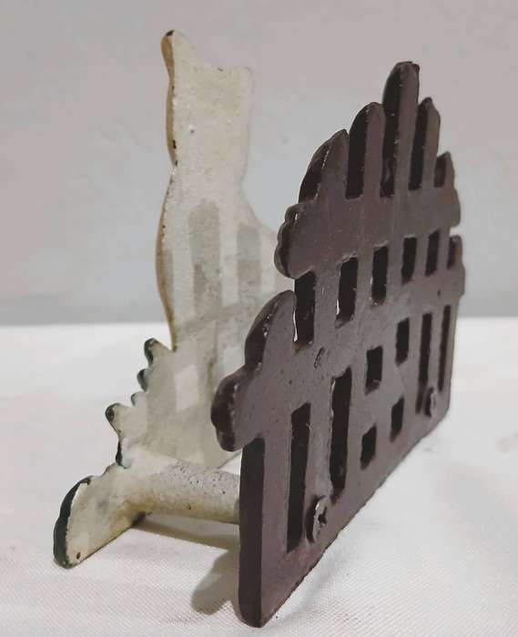 Vintage Cast Iron Napkin Holder | Hand-Painted Cat & Fence Design