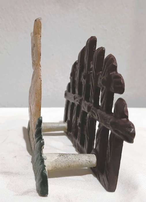 Vintage Cast Iron Napkin Holder | Hand-Painted Cat & Fence Design