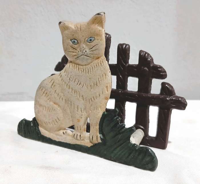 Vintage Cast Iron Napkin Holder | Hand-Painted Cat & Fence Design