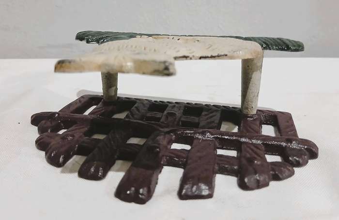 Vintage Cast Iron Napkin Holder | Hand-Painted Cat & Fence Design