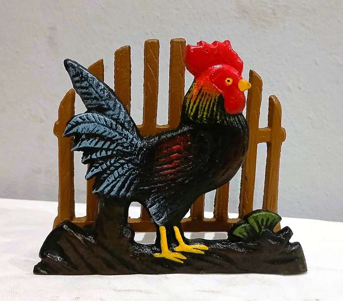 Vintage Cast Iron Napkin Holder | Hand-Painted Rooster & Fence Design