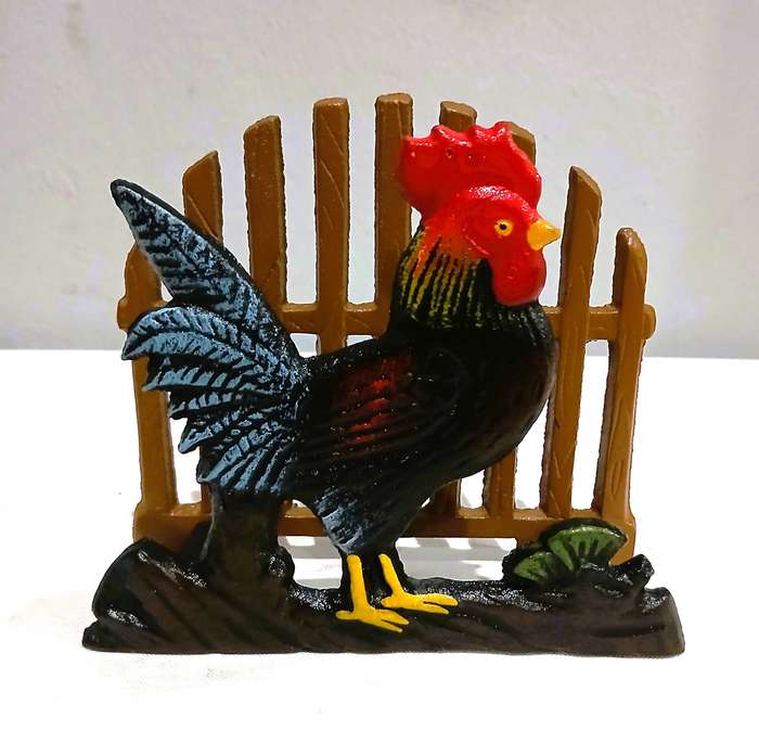 Vintage Cast Iron Napkin Holder | Hand-Painted Rooster & Fence Design