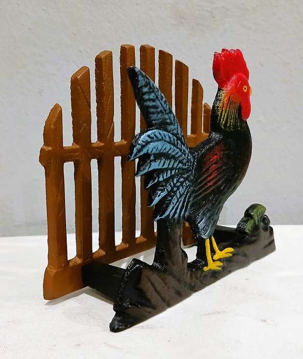 Vintage Cast Iron Napkin Holder | Hand-Painted Rooster & Fence Design