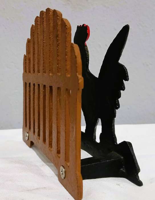 Vintage Cast Iron Napkin Holder | Hand-Painted Rooster & Fence Design