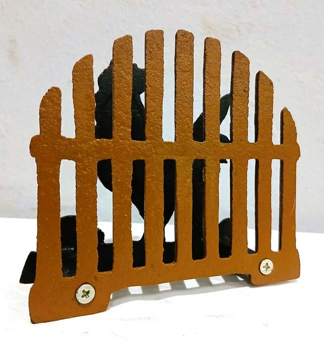 Vintage Cast Iron Napkin Holder | Hand-Painted Rooster & Fence Design