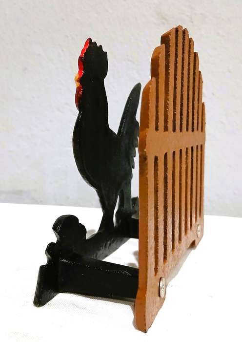 Vintage Cast Iron Napkin Holder | Hand-Painted Rooster & Fence Design