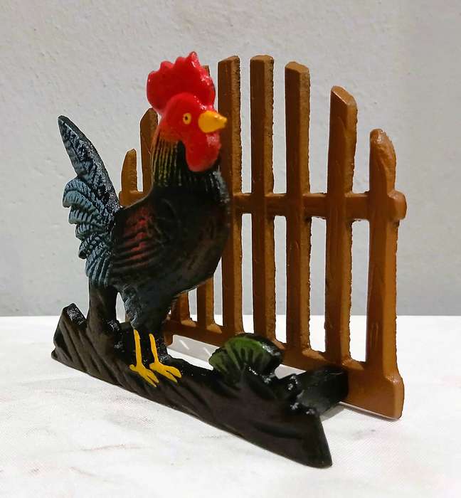 Vintage Cast Iron Napkin Holder | Hand-Painted Rooster & Fence Design