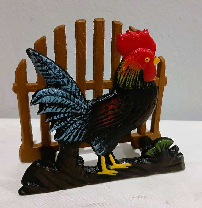 Vintage Cast Iron Napkin Holder | Hand-Painted Rooster & Fence Design