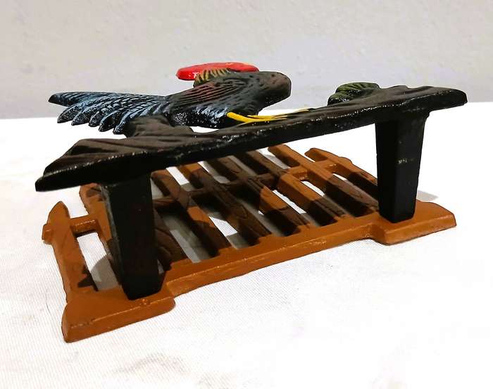 Vintage Cast Iron Napkin Holder | Hand-Painted Rooster & Fence Design