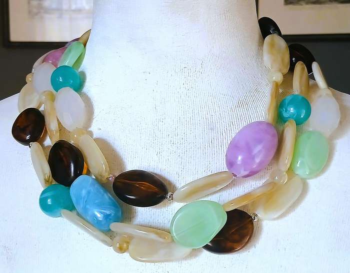 Vintage Chunky Lucite Bead Necklace | Three-Strand Pastel & Amber Tones | Bold Statement Style