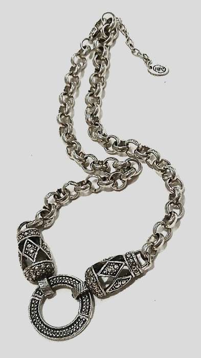 Vintage Chunky Silvertone Necklace | Signed D&H | Statement Chain with Geometric Pendant
