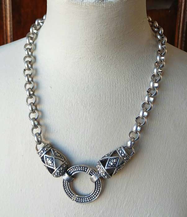 Vintage Chunky Silvertone Necklace | Signed D&H | Statement Chain with Geometric Pendant