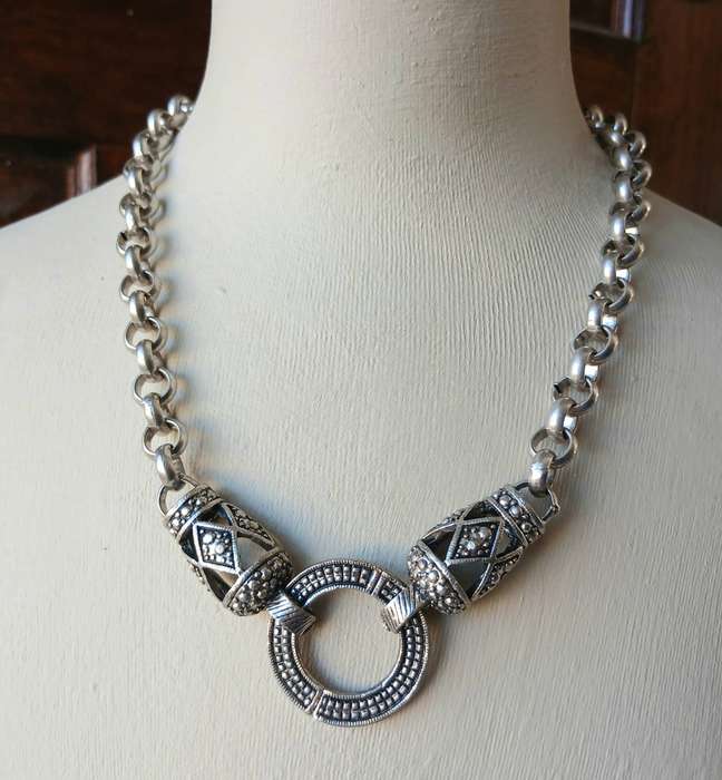 Vintage Chunky Silvertone Necklace | Signed D&H | Statement Chain with Geometric Pendant