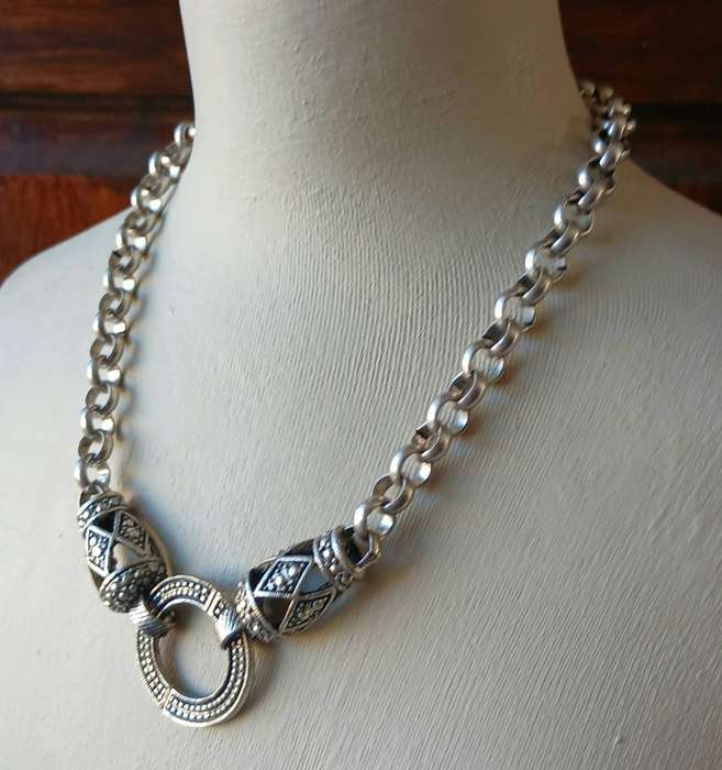 Vintage Chunky Silvertone Necklace | Signed D&H | Statement Chain with Geometric Pendant