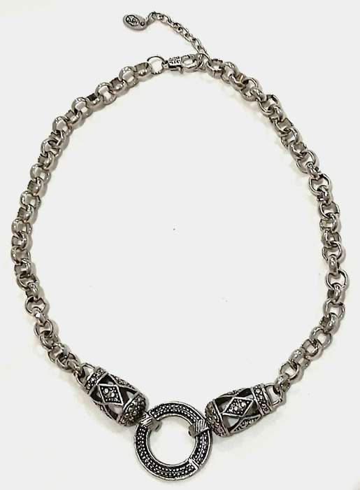 Vintage Chunky Silvertone Necklace | Signed D&H | Statement Chain with Geometric Pendant